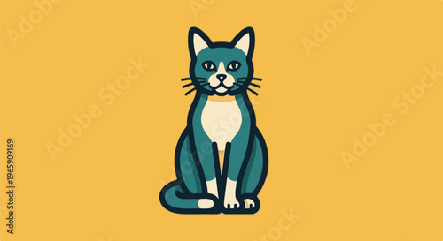 Stylized teal and white cat sits attentively on a warm yellow background