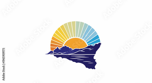 Sunset over a stylized mountainous coastline with water reflections