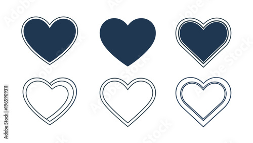 Collection of simple dark blue heart icons including solid shapes and multi layered outlines for elegant branding and romantic design.