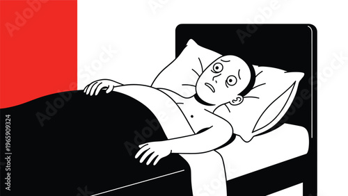 Stark black and white illustration of a person lying in bed looking anxious and awake against a bold red background panel for drama.