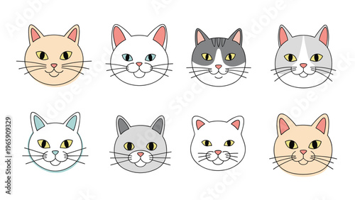 Adorable collection of cute cat faces in various colors including ginger white grey and tabby with friendly expressions for pet lovers.