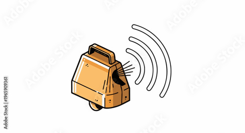 A stylized cartoon cowbell emits sound waves