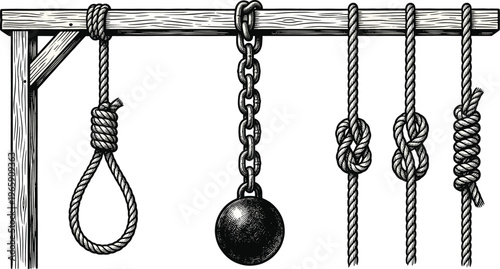 Vintage woodcut style illustration of rope knots and heavy iron weight hanging from wooden beam, nautical cordage and marine hardware collection