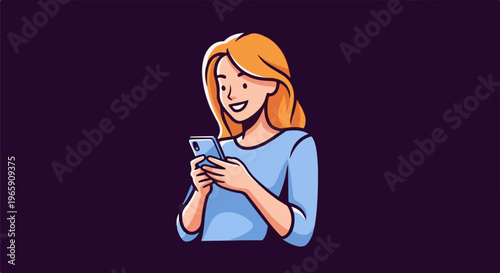 Smiling woman with blond hair browsing on a blue smartphone