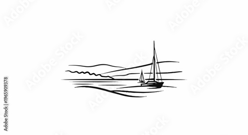 Two sailboats glide across a calm body of water with rolling hills in the background