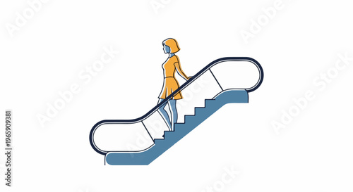Stylized woman in orange dress ascends blue escalator