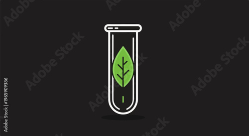 Test tube with a green leaf inside, against a dark background