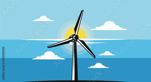 Stylized wind turbine on a blue horizon with a sun and clouds