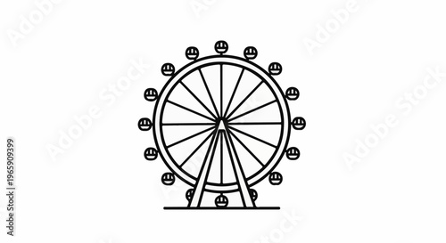 A simple line drawing of a large observation wheel with cabins attached