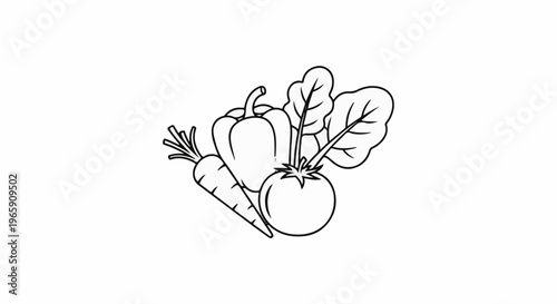A black and white illustration of a carrot, bell pepper, tomato, and leafy greens