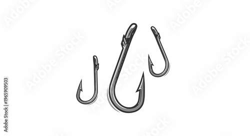 Three metal fishing hooks of various sizes, artfully rendered