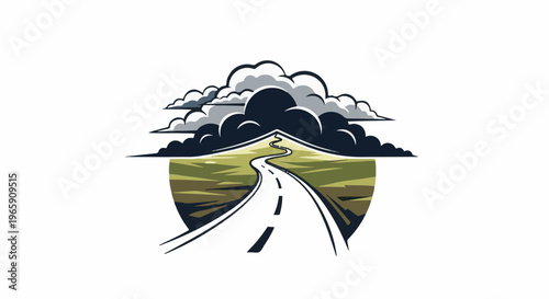 Winding road through green hills beneath dramatic stormy clouds