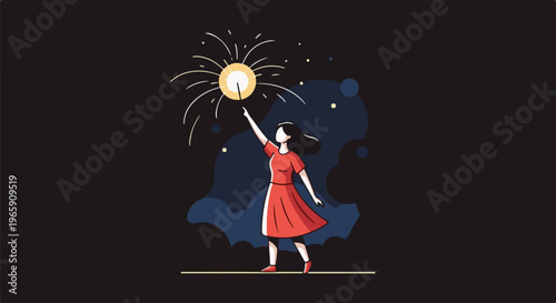Young woman in red dress ignites sparkler amidst starry night sky