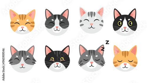 Set of cute cartoon cat faces showing different expressions like happy sleeping and curious in various fur colors for character design.
