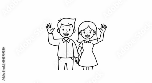 Two smiling figures, a man and woman, wave hello, drawn in simple black outline