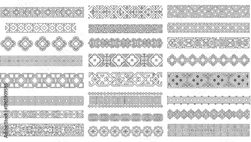 Set of intricate geometric and tribal border patterns in black and white featuring complex ethnic motifs for decorative frames and trims.