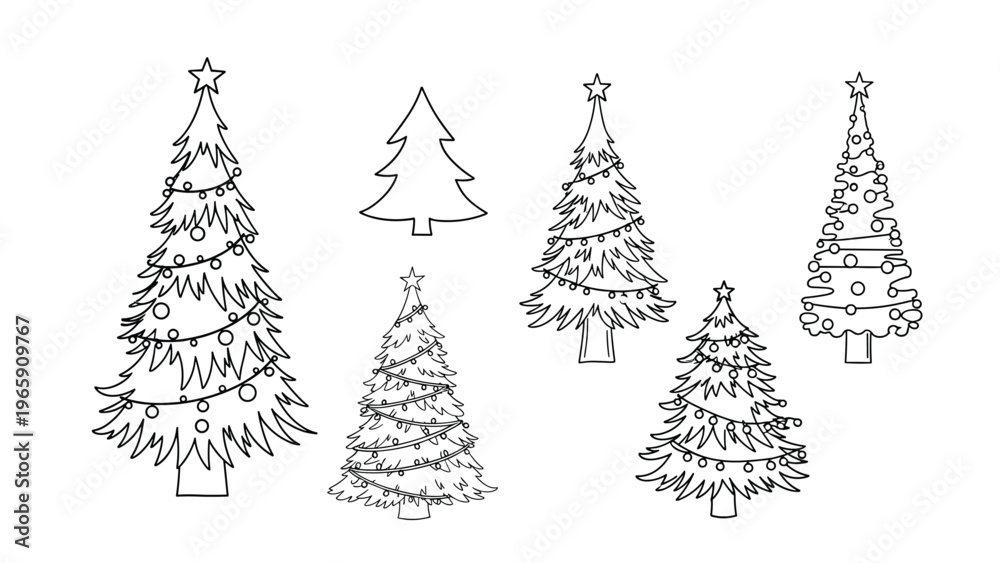 Obraz premium Collection of hand drawn Christmas tree sketches featuring various styles and decorations like stars and light strings for holiday cards.