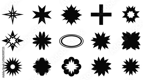 Collection of solid black geometric star and flower shapes in various styles including bold crosses and intricate bursts for logo design.