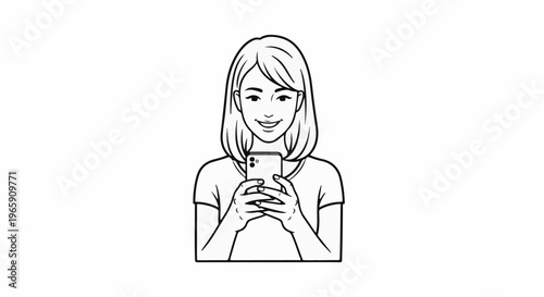 Woman smiling while holding a smartphone and looking at screen