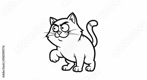 A cartoon drawing of a mischievous-looking cat with wide, staring eyes and raised paw