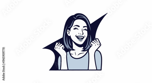 Woman with closed eyes, laughing with fists clenched in a graphic style