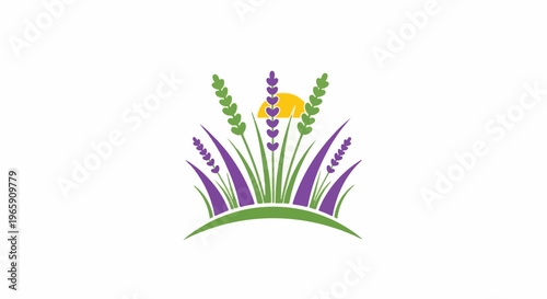 Stylized lavender field with a rising sun