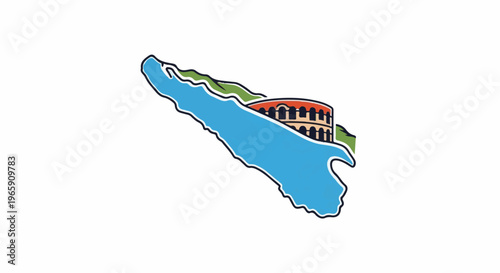 Stylized Italian map outline with ancient amphitheater landmark and azure sea