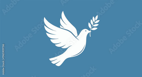 White dove with olive branch in beak flies on a solid blue background