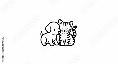 A cute cartoon puppy and kitten are snuggled together affectionately