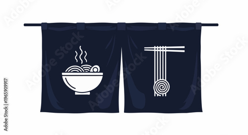 A dark blue curtain with white icons of a steaming bowl of noodles and chopsticks with noodles