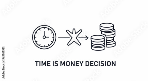 A clock transforms into a symbol of decision, leading to coins