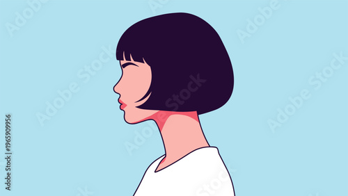 Minimalist side profile illustration of a young woman with short black bob hair style against a soft blue background.