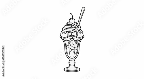A black and white line drawing of a dessert in a glass