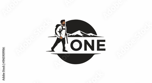 A man with a backpack walks past mountains and the word "ONE