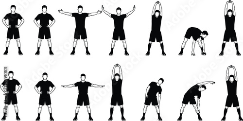 Collection of male athlete silhouettes with white outlines performing various stretching exercises and warm up poses for professional fitness training