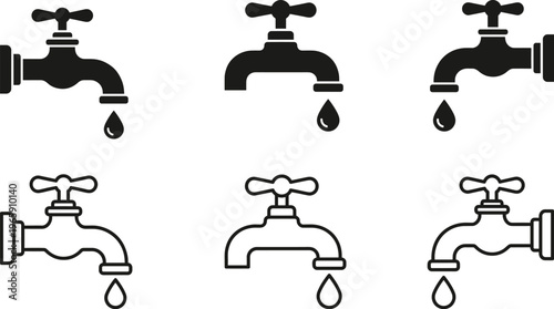Water tap and faucet icon set with dripping water drops, minimalist plumbing fixtures silhouette and line art collection, home maintenance and bathroom hardware symbols