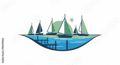Stylized sailboats glide on blue water near a wooden dock