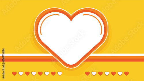 Large heart shaped frame set against a vibrant yellow background with a row of small hearts at the bottom border.