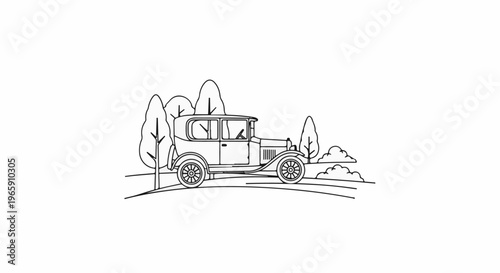 Vintage car parked by trees and clouds on a rolling hill