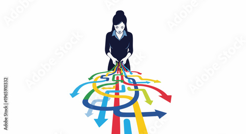 Woman holding multiple colored arrows pointing in different directions