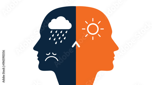 Abstract head silhouette divided into two sides representing dual emotions with sad rainy symbols and happy sunny elements.