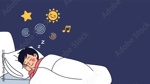 Sweet illustration of a young boy sleeping soundly in bed while dreaming of stars, suns, music, and whimsical swirls.