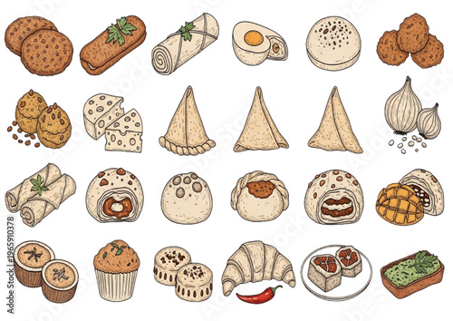 A delightful collection of international baked goods, savory snacks, and sweet treats in vibrant illustration style