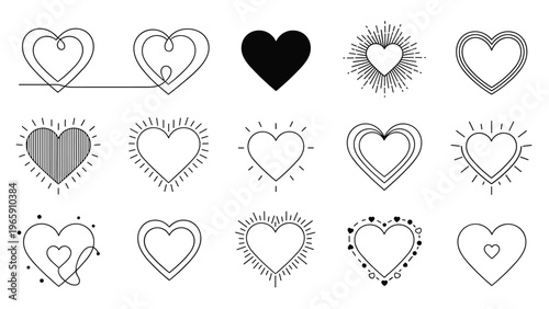 Wide variety of fifteen different heart icons including solid, outline, striped, and decorative versions for creative projects.