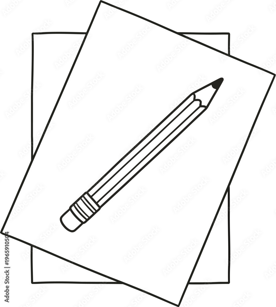 Naklejka premium A line drawing of a pencil on top of two overlapping sheets of paper