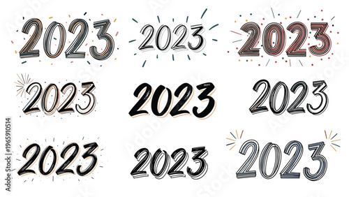 Artistic collection of nine hand drawn variations of the year 2023 in different sketchy and textured lettering styles.