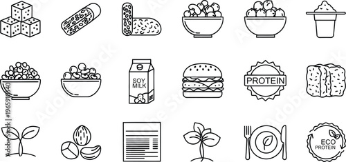 Vegan protein source outline icons set representing various plant based meat alternatives.