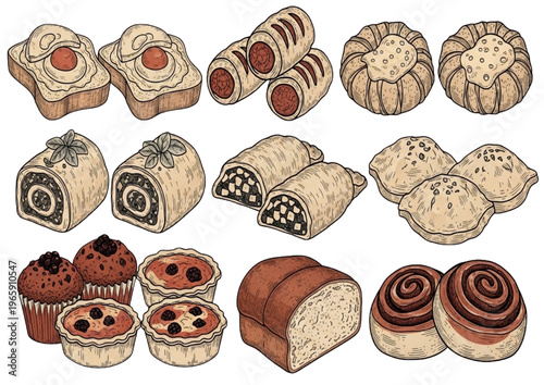 Collection of assorted baked goods and pastries, sweet and savory baked items