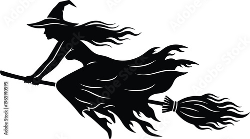 Witch flying on broomstick silhouette vector illustration, spooky Halloween character design, magical sorceress profile with pointed hat, mystical fantasy artwork