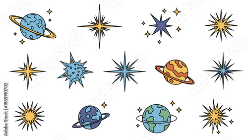 Set of colorful space themed icons including planets with rings and various stars for educational and astronomical designs.